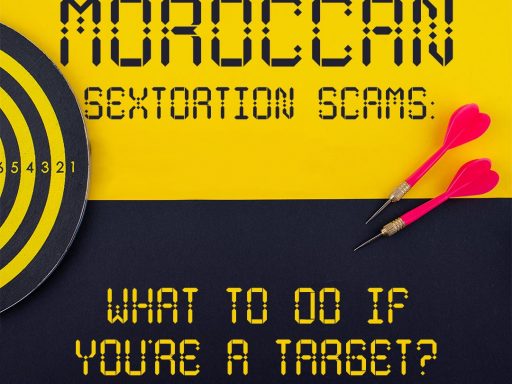 A dartboard with darts, featuring the Moroccan flag, symbolizing the target of sextortion scams.