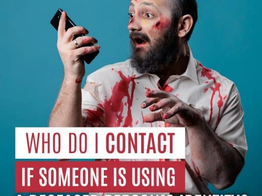 A man holding a phone with a shocked expression, revealing a grim scene indicating he is impersonating a deceased person.