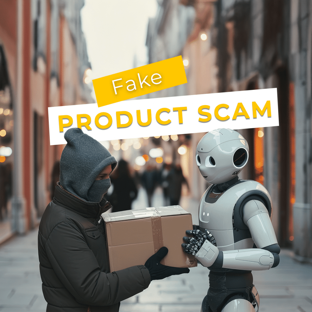 A machine delivering a package for a masked criminal, showing how fake product scams work.