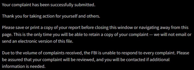 IC3 Official Message After Submitting a Complaint