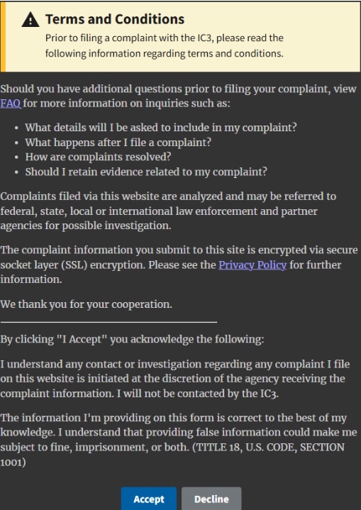 IC3 Terms and Conditions